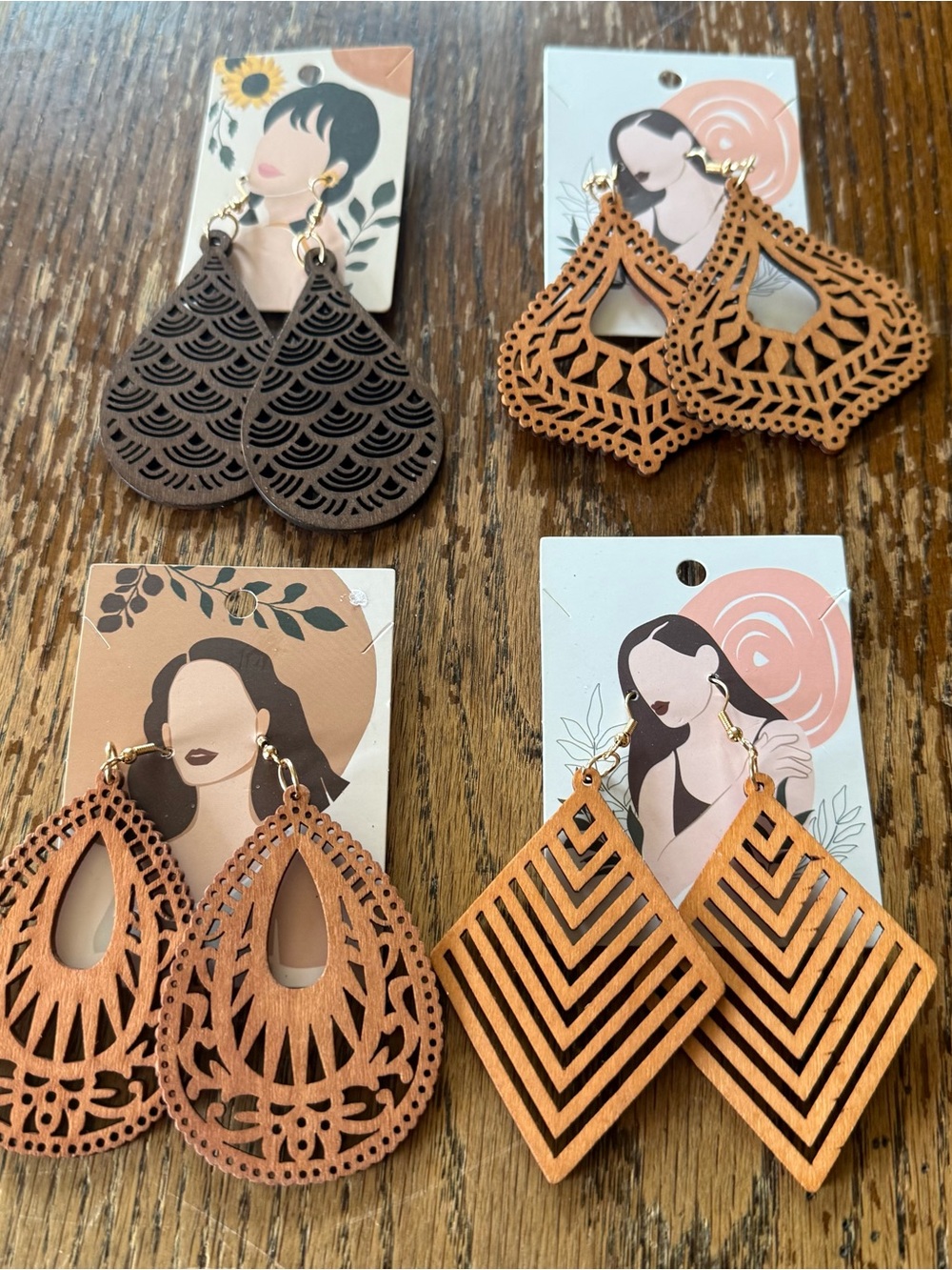 4 Pairs Wooden Dangle Earrings Boho Laser Cut Filigree Teardrop Jewelry Set
